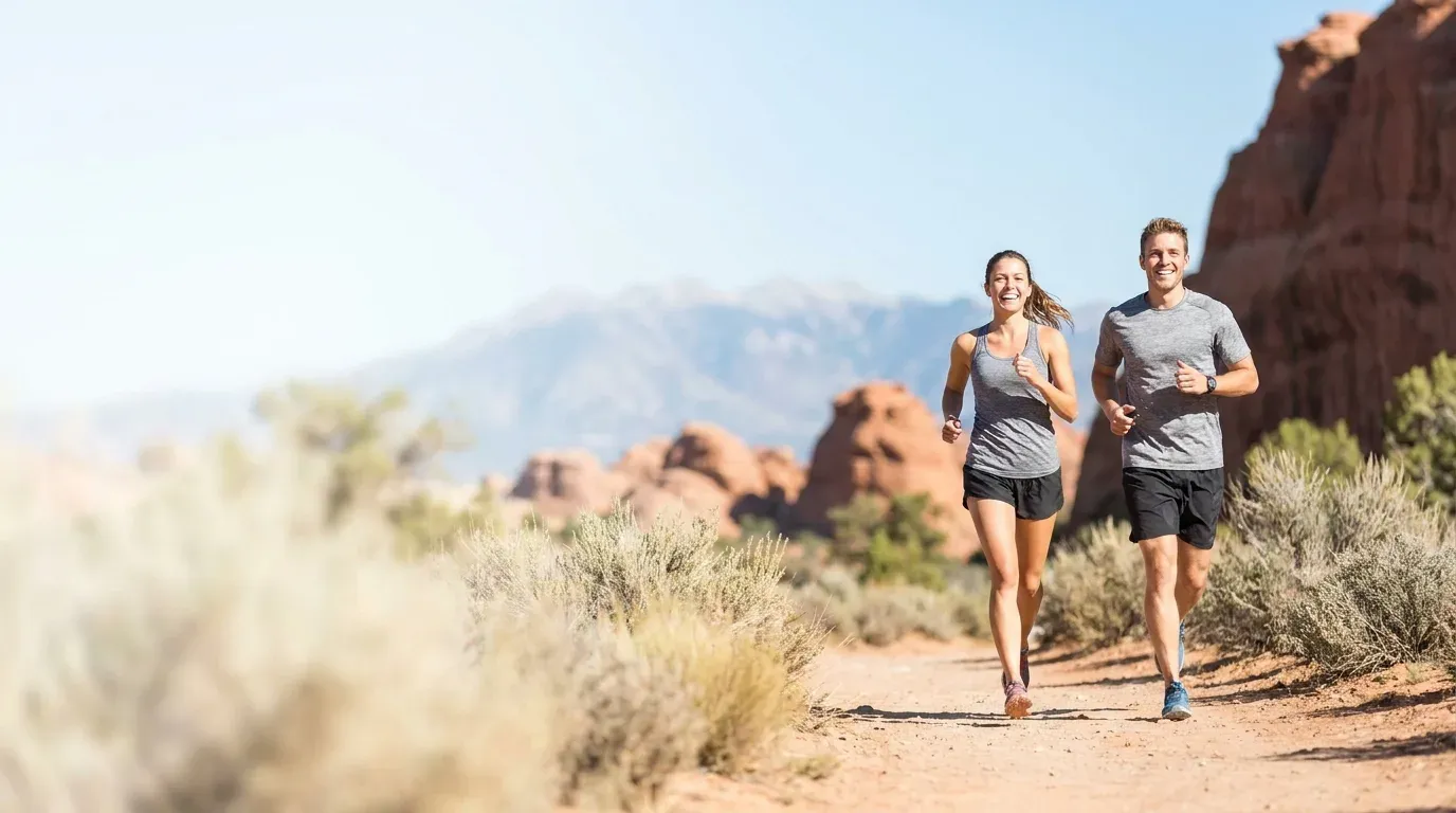 Young couple running on a Utah trail